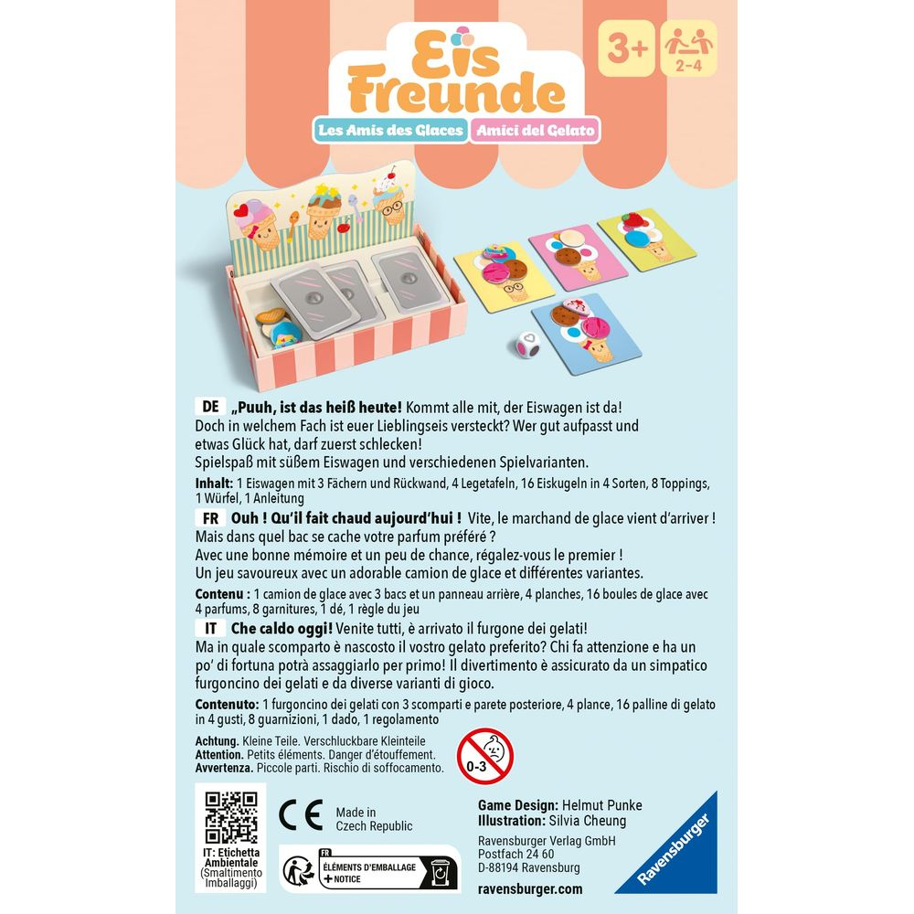 Spielverpackung mit Eiscreme-Motiv, Text in mehreren Sprachen.