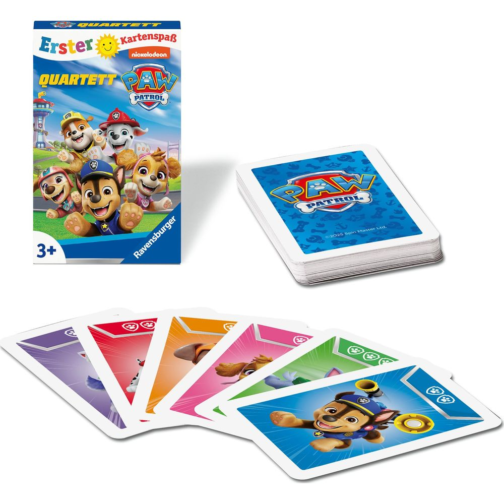 Paw Patrol Quartett Kartenspiel mit vier ausliegenden Karten und einem Kartenstapel.