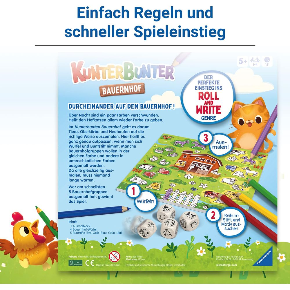 Brettspiel „Kunterbunter Bauernhof“ mit Würfeln, Stiften und Malbuch.