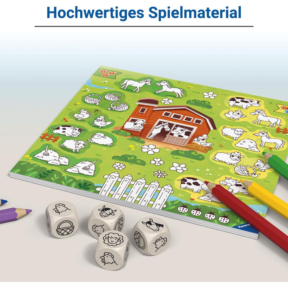 Bauernhofspiel mit Würfeln, Stiften und einem bunten Spielbrett mit Tieren.