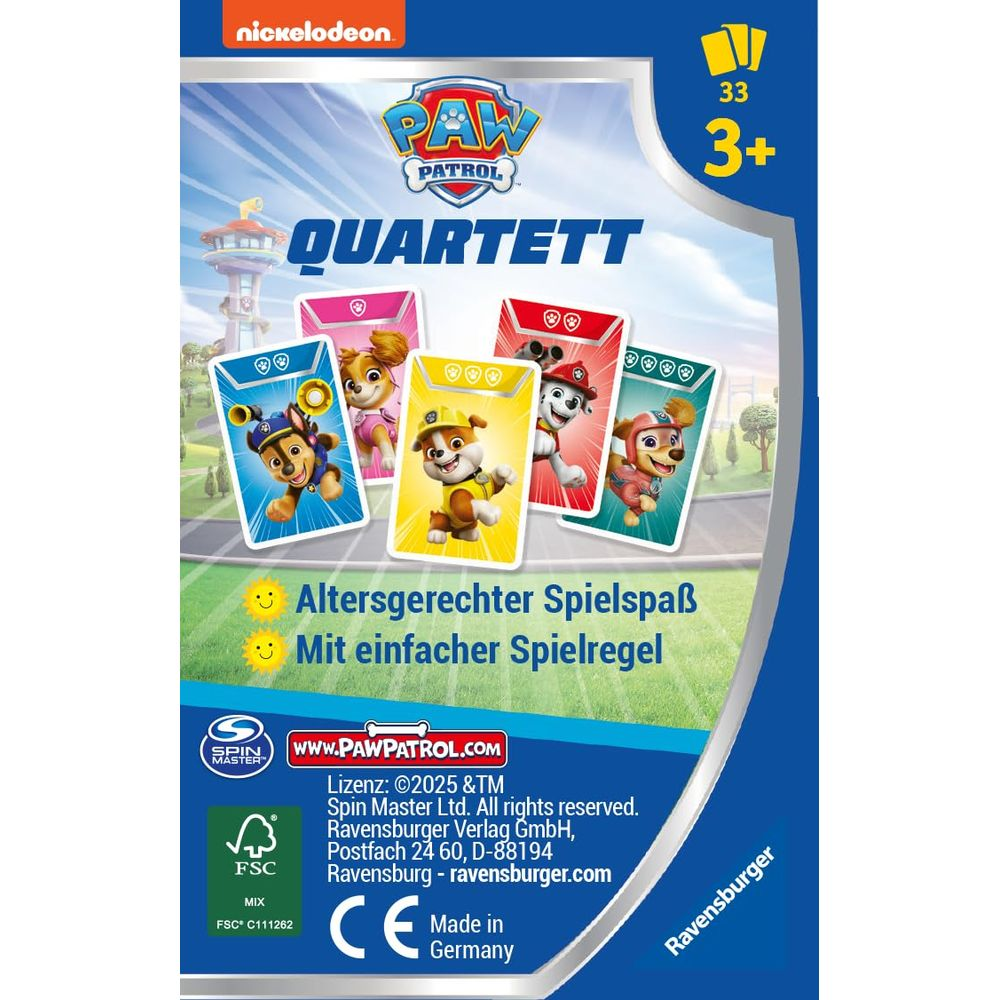 Paw Patrol Quartett Kartenspiel mit 4 Hunden auf Vorderseite, Alter 3+.