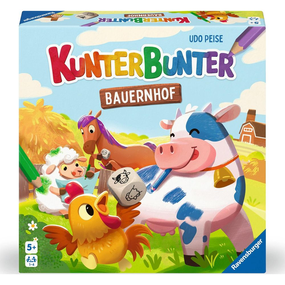 Bunt bedruckte Spieleschachtel mit Bauernhoftieren wie Kuh, Pferd, Schaf und Huhn.