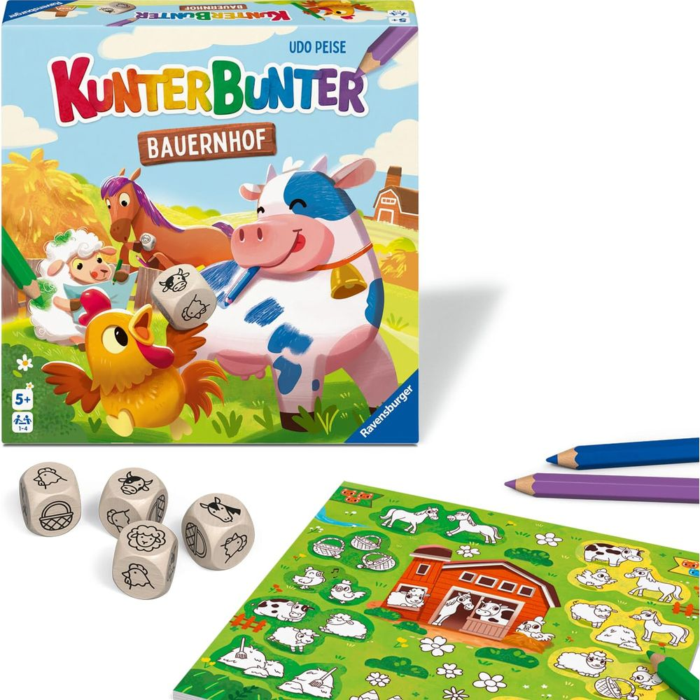 Ein Brettspiel mit Bauernhoftieren wie Kuh, Pferd und Huhn, sowie Würfeln.