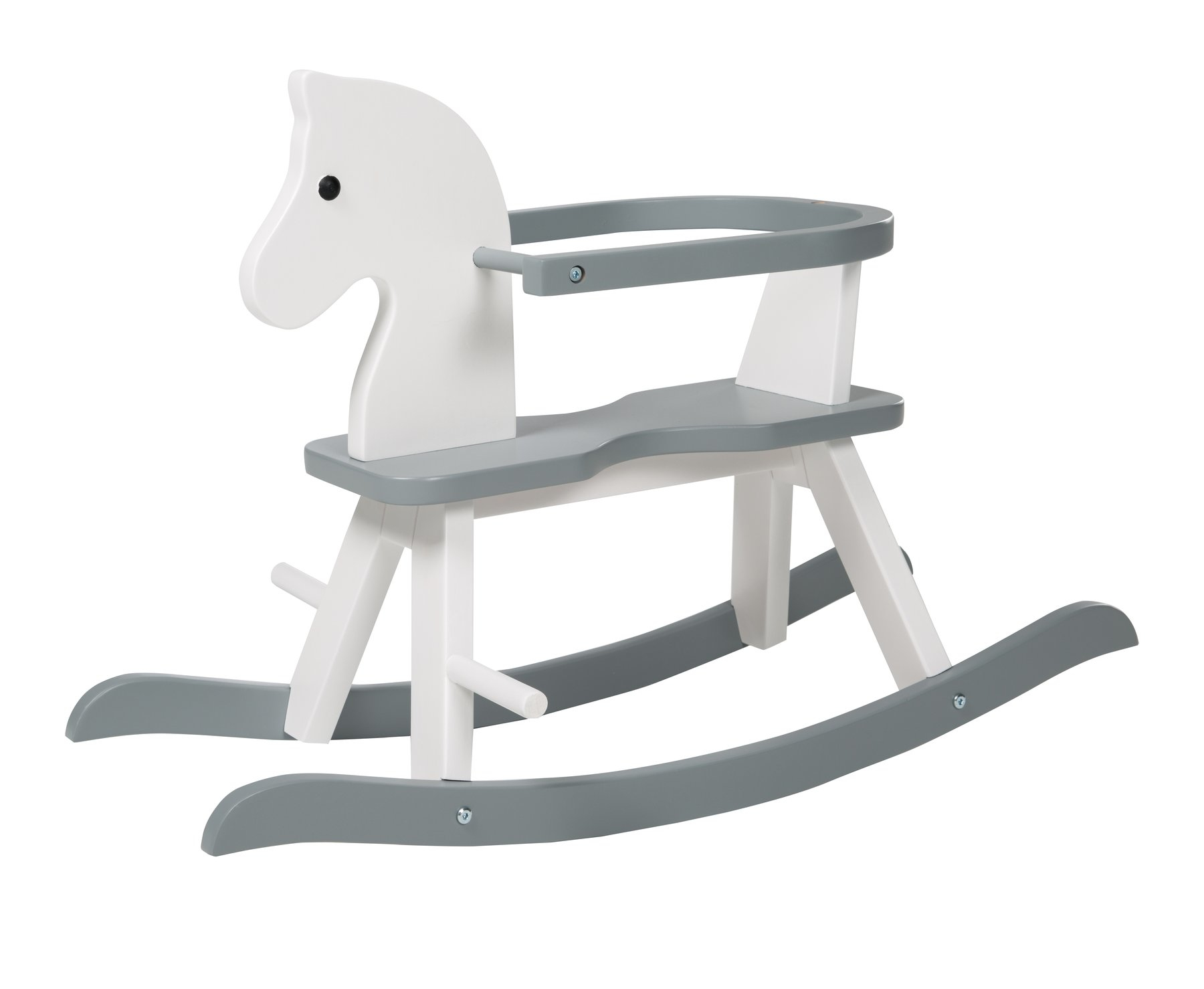 Ein weiß-graues Holz-Schaukelpferd mit Sitz und Sicherheitsbügel.