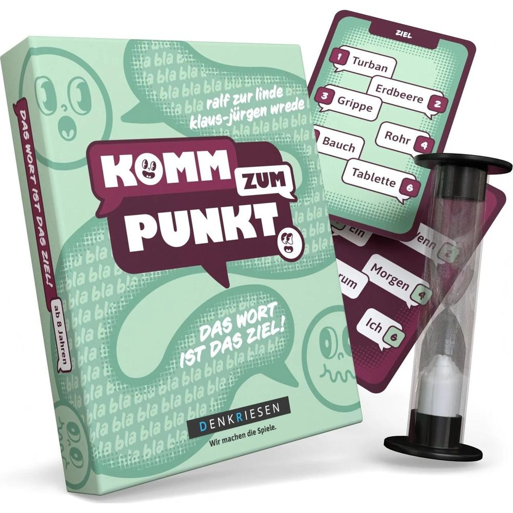 Le jeu de société Komm Zum Punkt avec cartes et sablier.