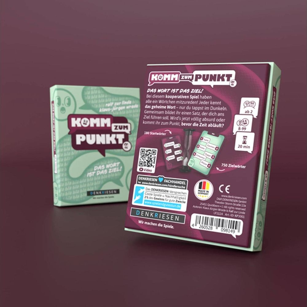 Deux boîtes de jeux de société sur fond violet. Les boîtes sont violettes et vertes.