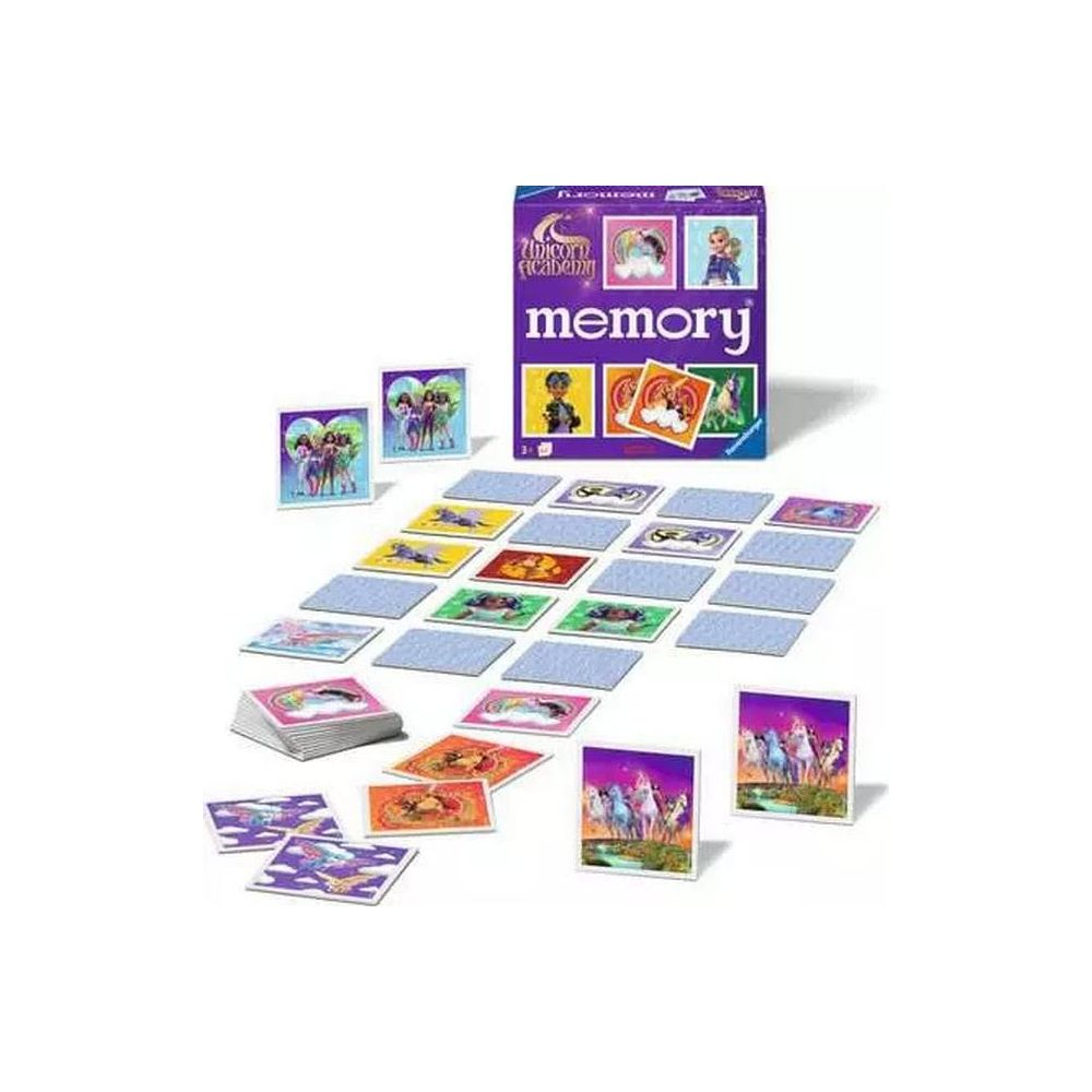 Memory Spiel mit Einhorn-Thema, Spielkarten und Schachtel auf weißem Hintergrund.
