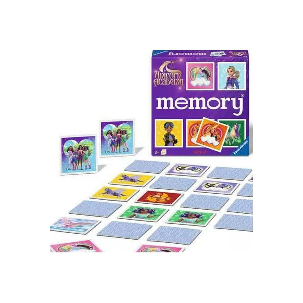 Einhorn Akademie Memory Spiel mit Karten und Box. Bunte Bilder von Mädchen und Einhörnern.