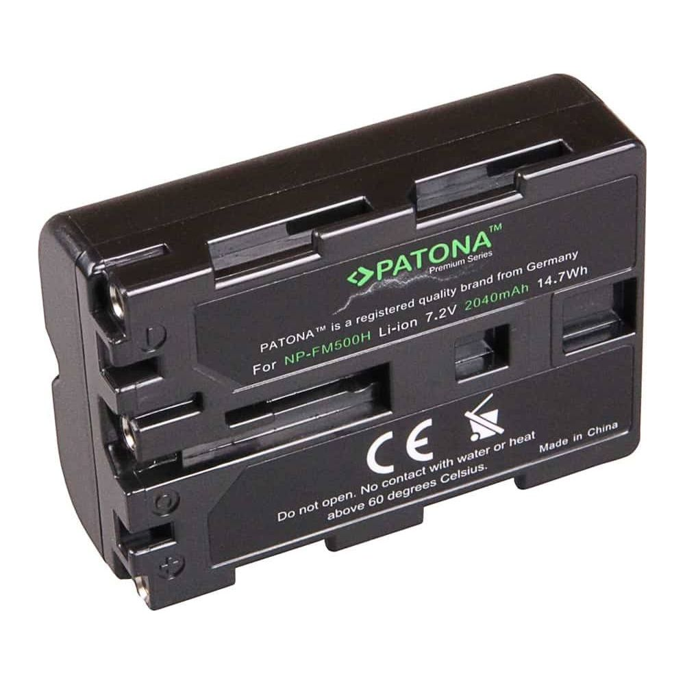 Schwarzer Akku mit „PATONA“ Logo, für NP-FM500H, 7.2V, 2040mAh.