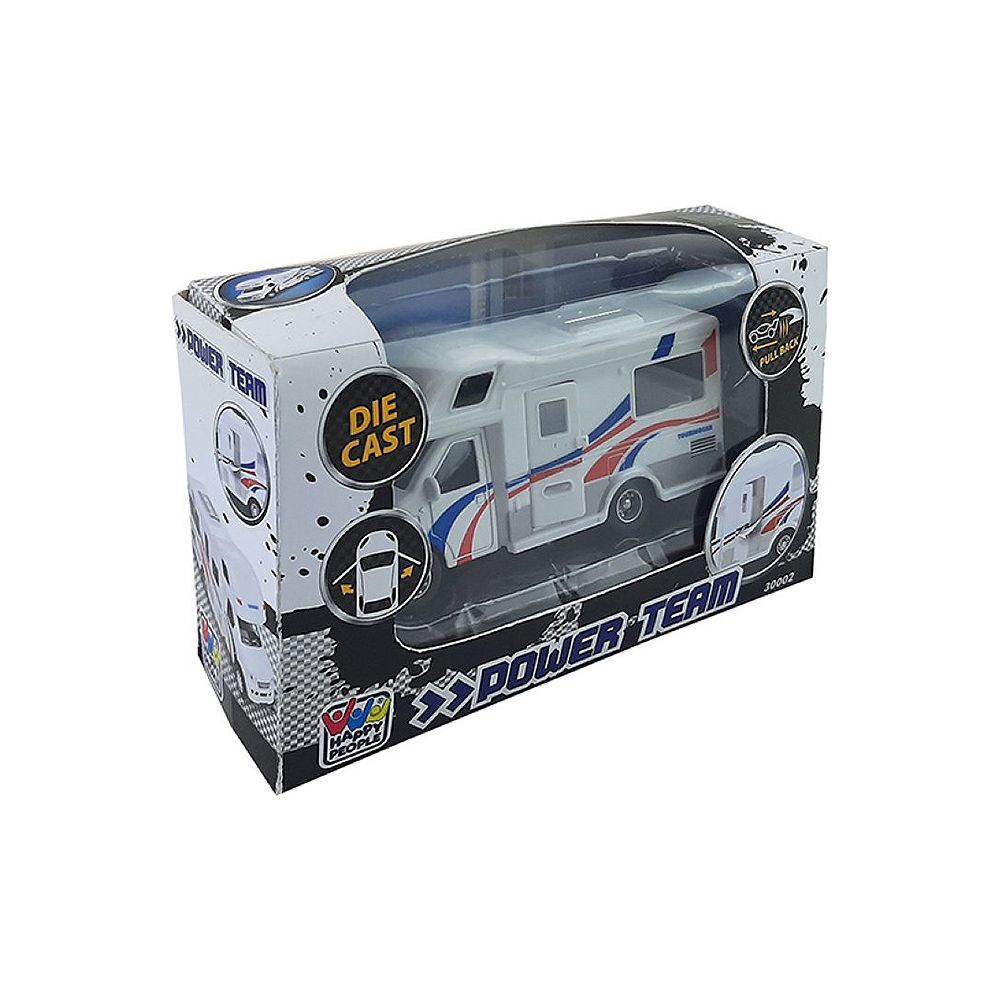 Ein Spielzeug-Wohnmobil in einer Box mit der Aufschrift "Power Team".