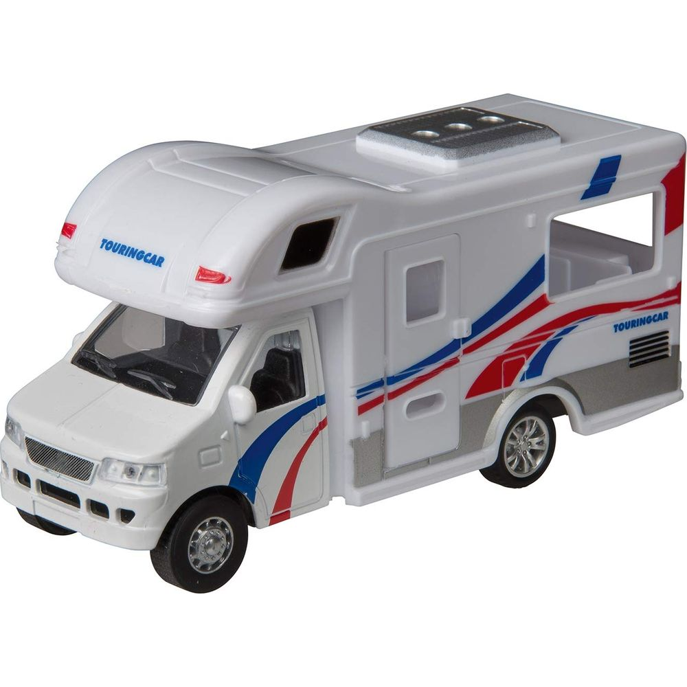 Ein weißer Spielzeug-Wohnmobil mit roten und blauen Streifen.