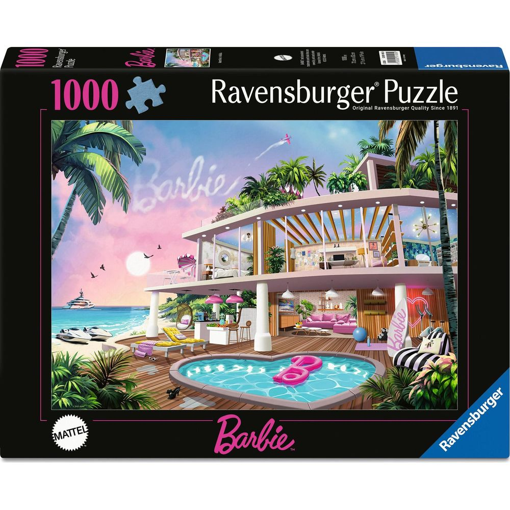 Une maison Barbie avec piscine au bord de la mer, palmiers et yacht.