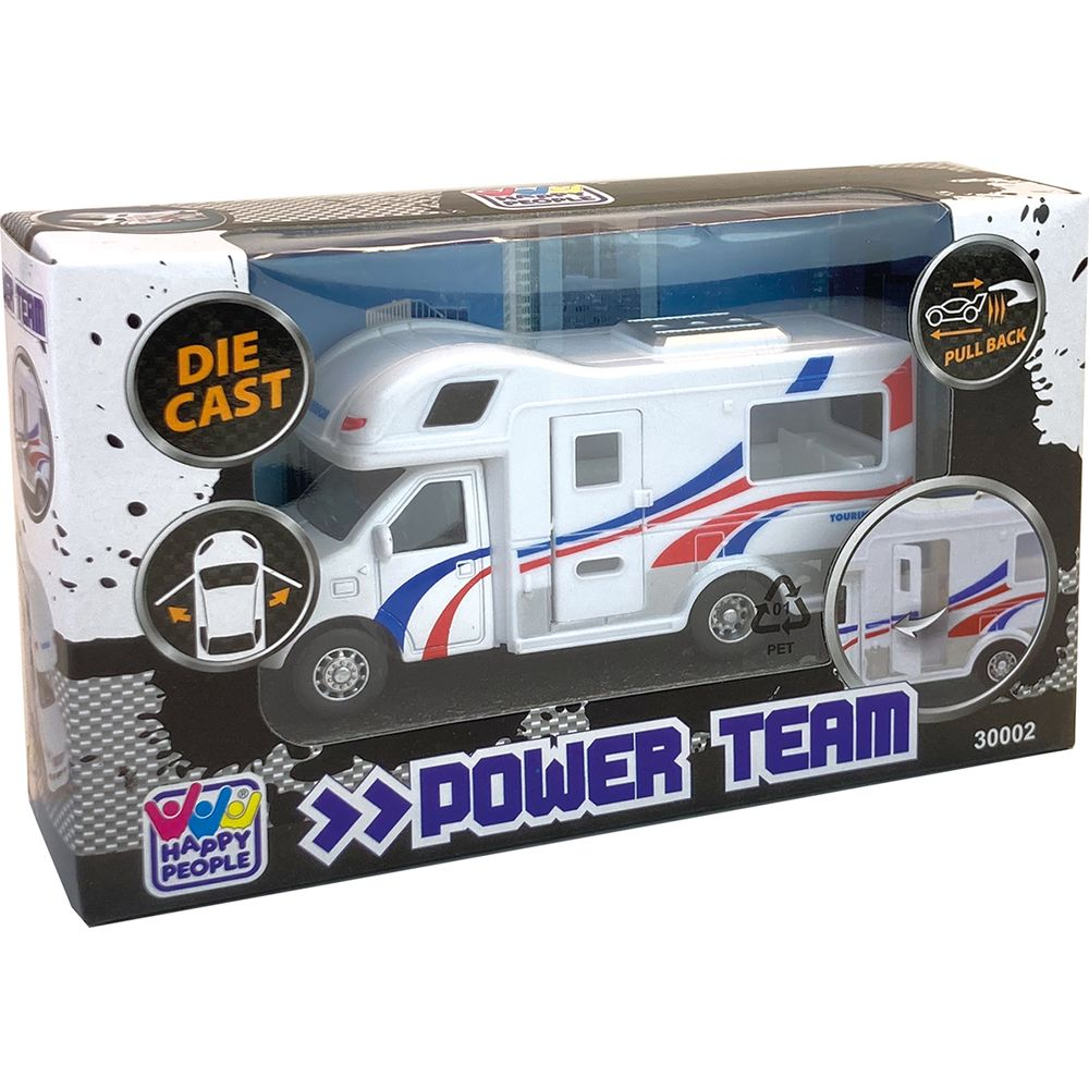 Ein weißer Wohnmobil-Spielzeug in einer Verpackung mit blau-roten Streifen.