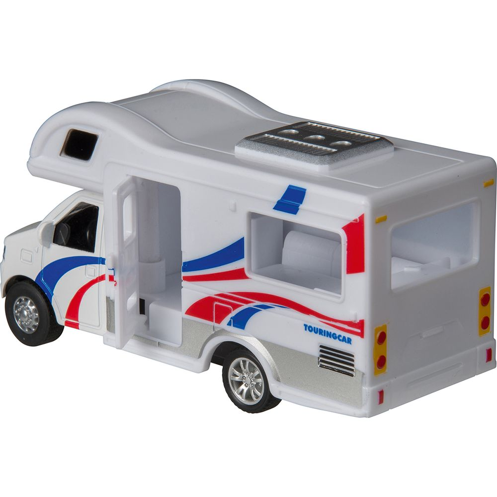 Ein weißer Wohnmobil-Spielzeugauto mit roten und blauen Streifen.