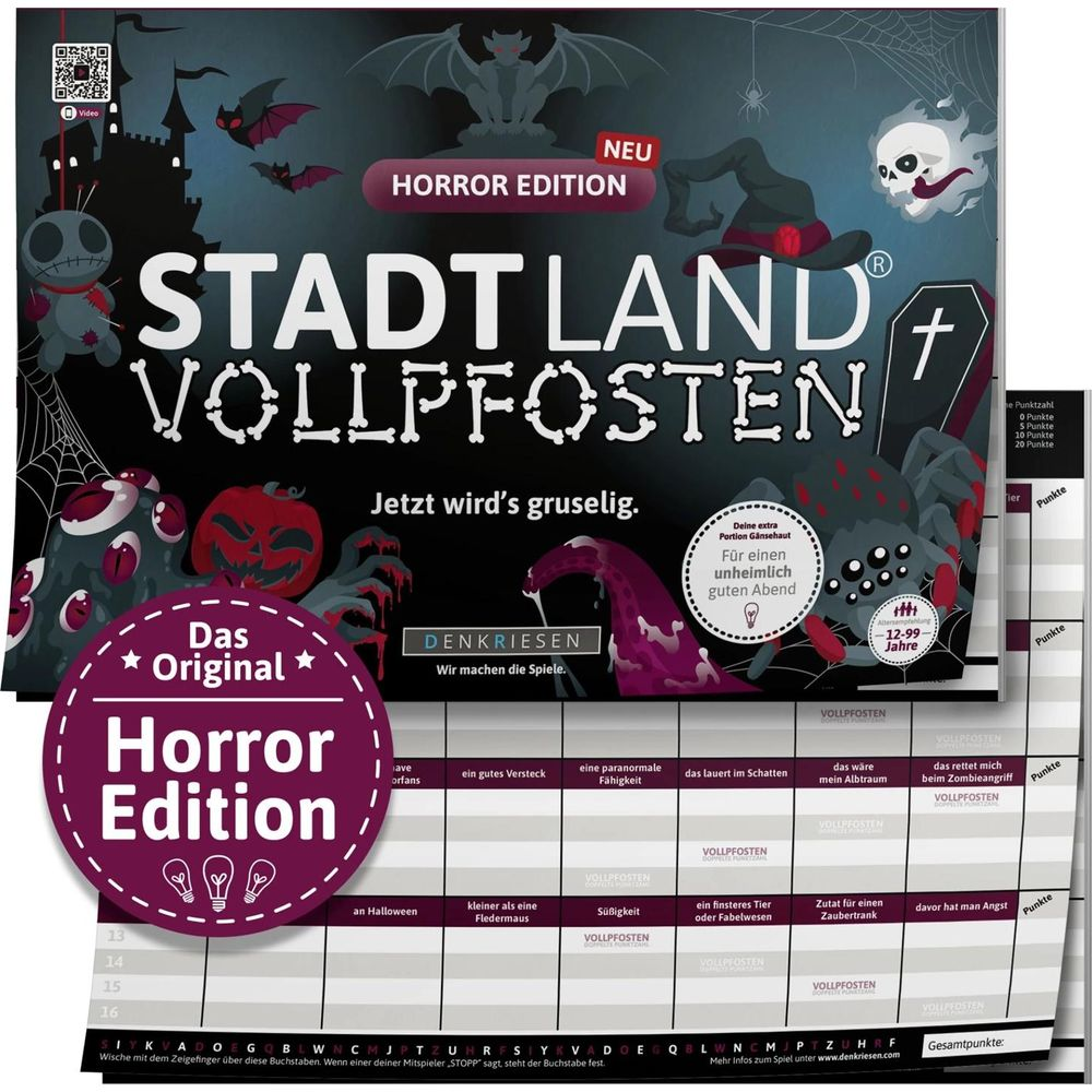 Gruseliges Brettspiel mit Horror-Thema, Illustrationen von Schloss, Geist und Spinne.