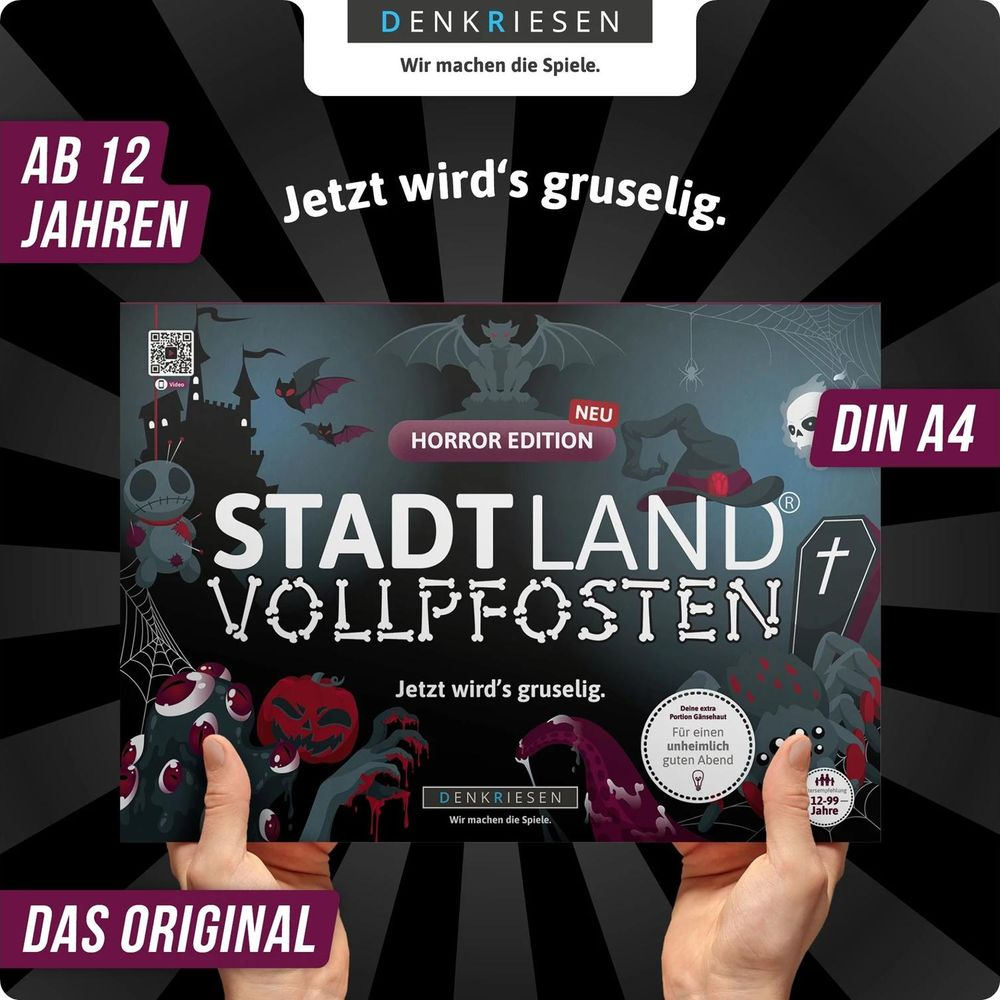 Brettspiel-Cover 'Stadt Land Vollpfosten Horror Edition' mit Spinnen, Skelett und Burg. Ab 12 J.