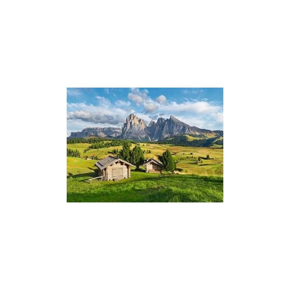 Capanne di legno su un prato verde con montagne e nuvole sullo sfondo.