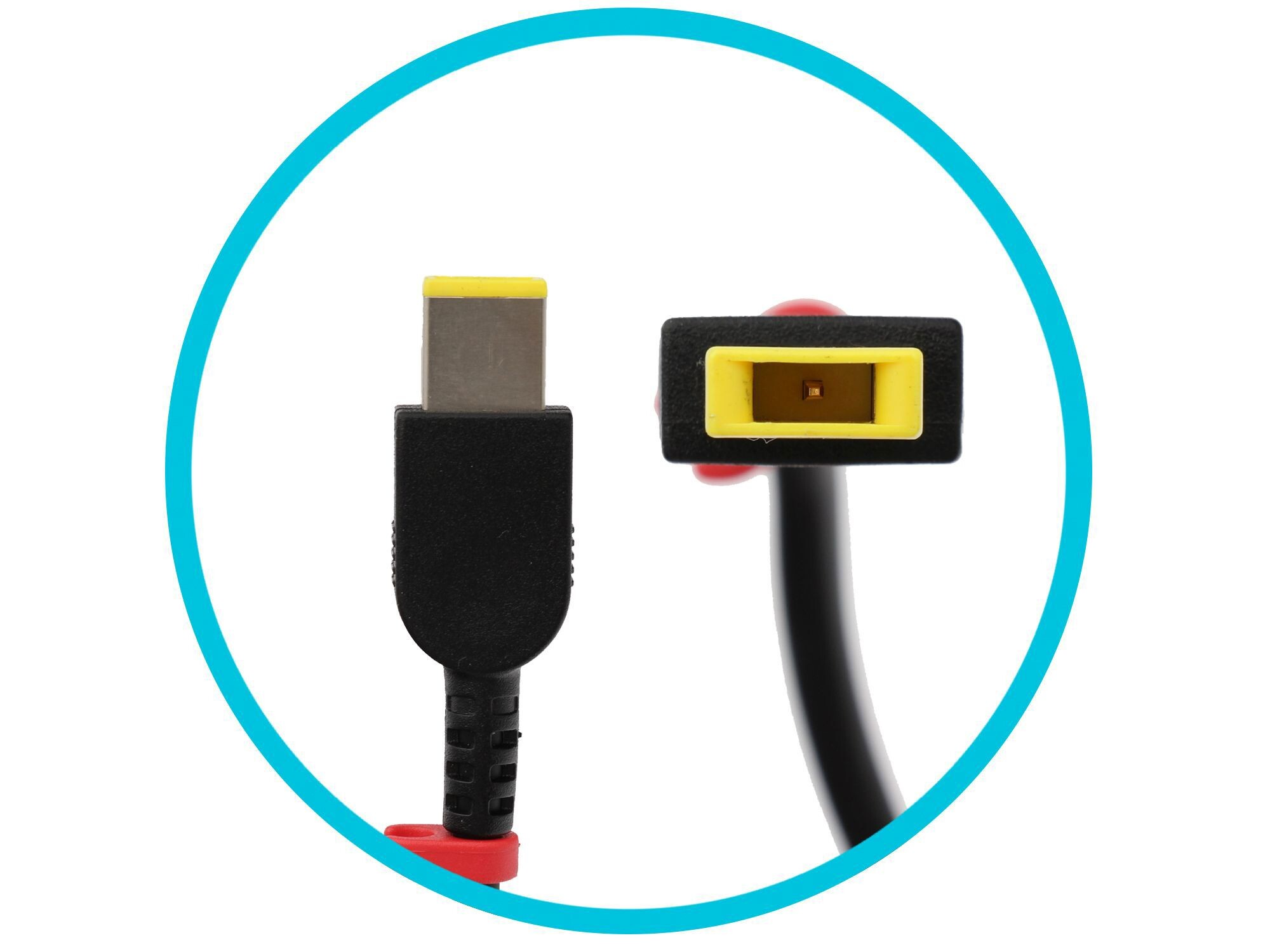 Ein schwarzer Stecker mit gelber Spitze und eine Buchse mit gelbem Rand.