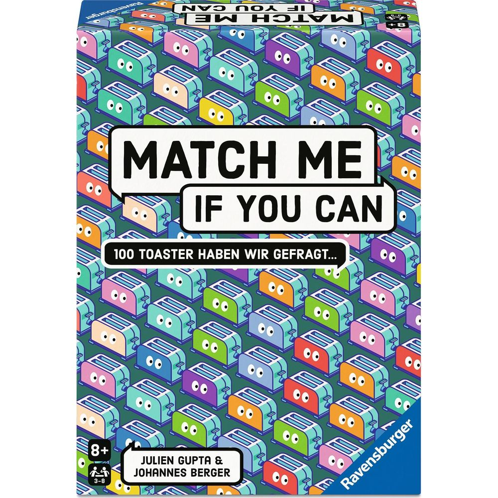 Confezione di gioco con molti tostapane colorati e il titolo "Match Me If You Can".