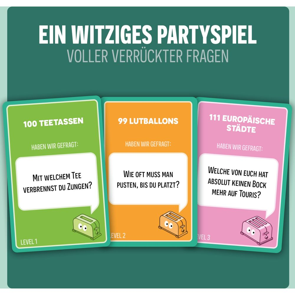 Carte da gioco: 100 tazze da tè, 99 palloncini, 111 città europee. Domande.
