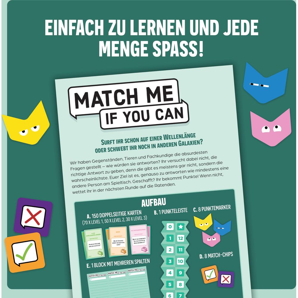 Gioco da tavolo "Match Me If You Can". Include carte, tracciato punti e segnalini. Facile da imparare, molto divertente!