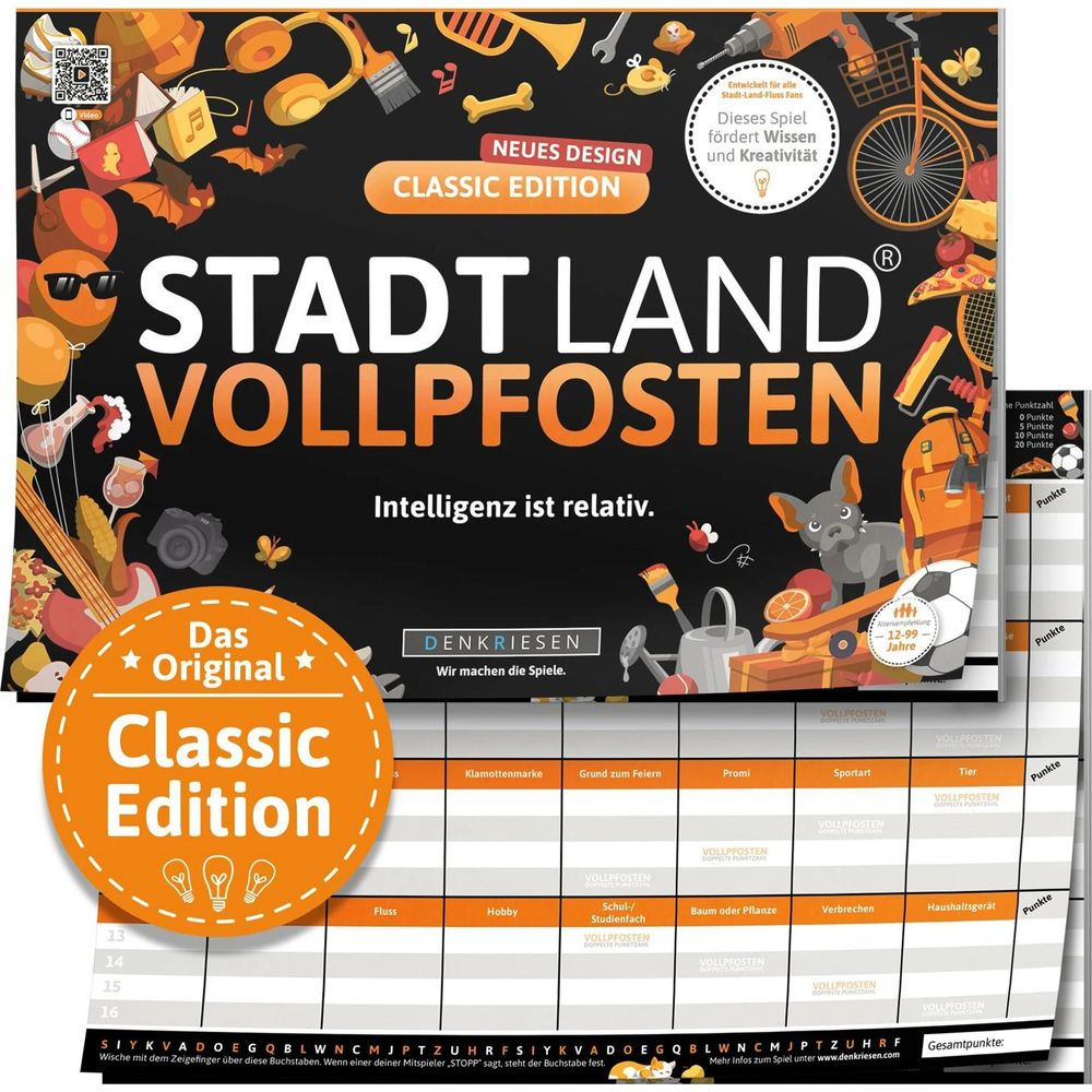 Spiel "Stadt Land Vollpfosten Classic Edition" mit Illustrationen und Spielbrett.