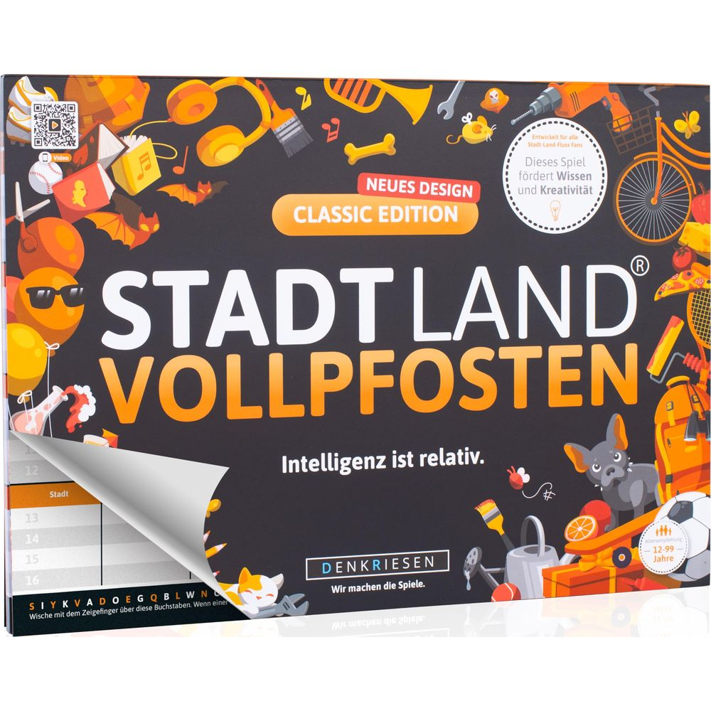 Spiel "Stadt Land Vollpfosten" mit vielen bunten Symbolen, Text und Spielbrett.
