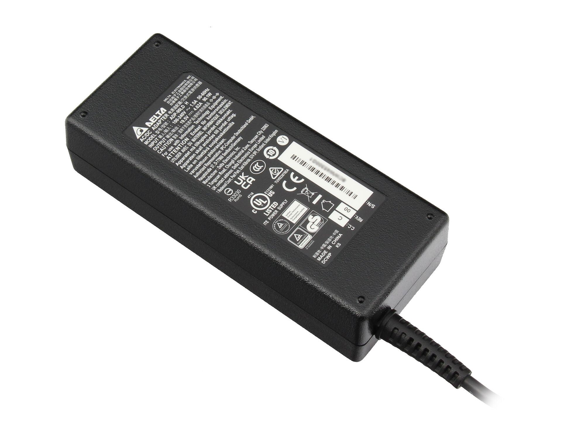 Schwarzer Delta AC/DC Netzadapter mit Aufkleber und Kabel.