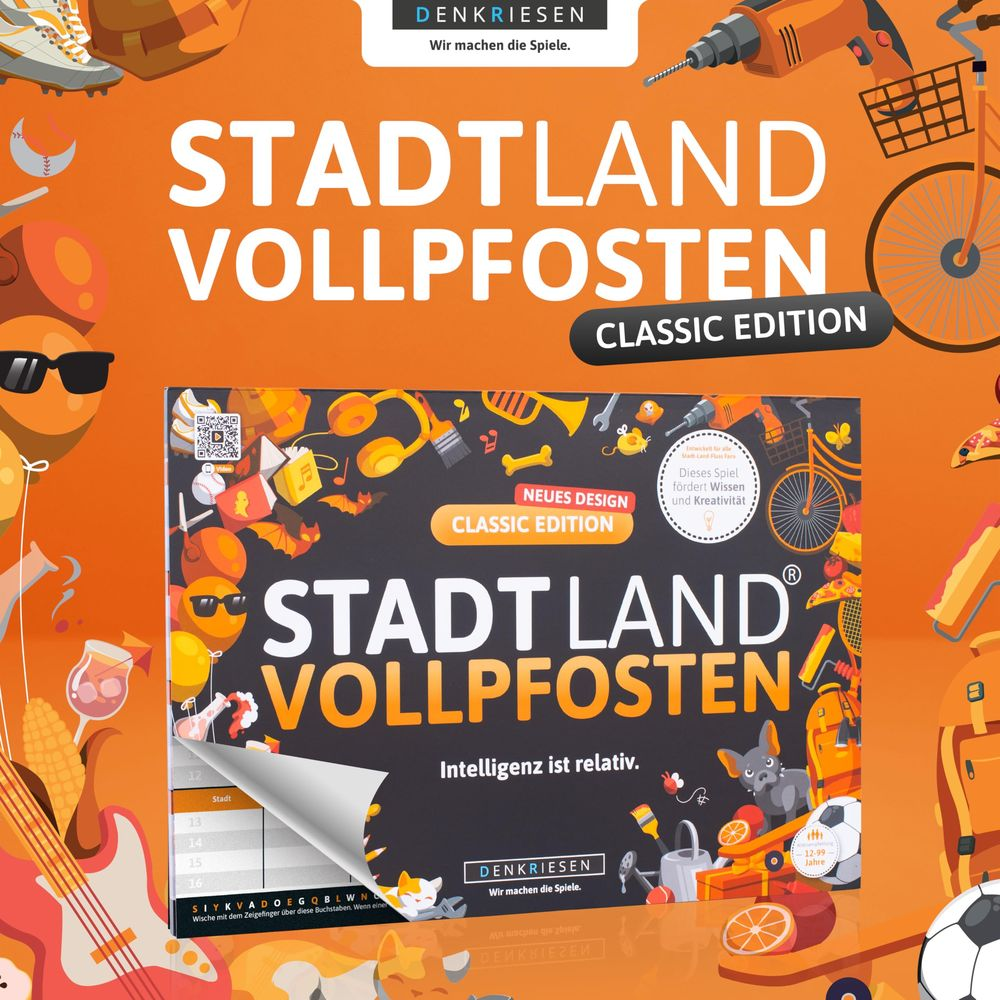 Spiel "Stadt Land Vollpfosten Classic Edition" mit bunten Symbolen und Spielbrett.