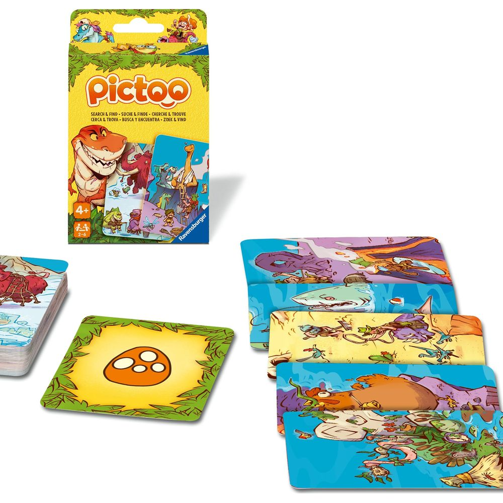 Pictoo Spiel: Ein T-Rex und Szenen mit Haien, Drachen und mehr.