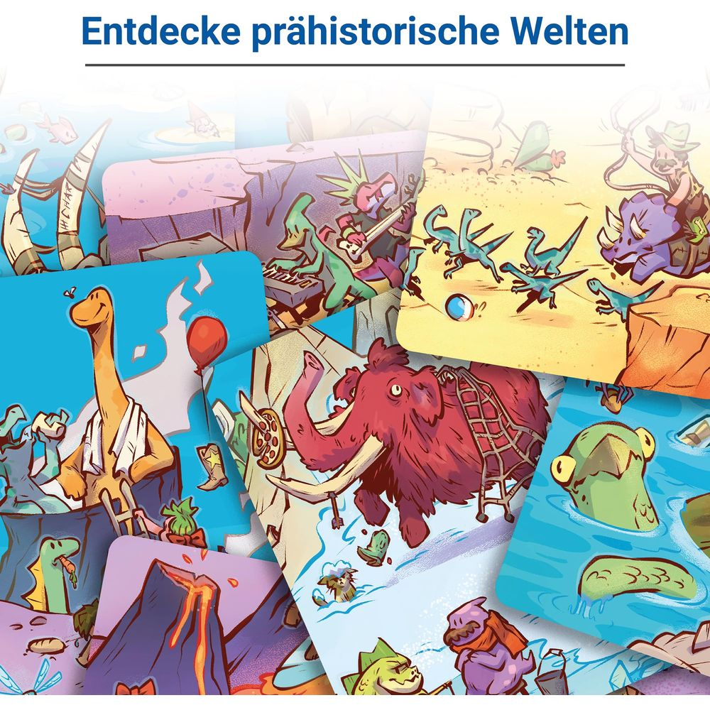 Bunte prähistorische Szenen mit Dinosauriern, Mammuts und Vulkanen.