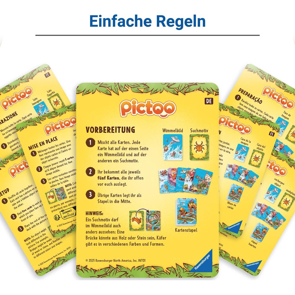 Spielanleitung für Pictou: Mischen, Karten austeilen, Suche starten.