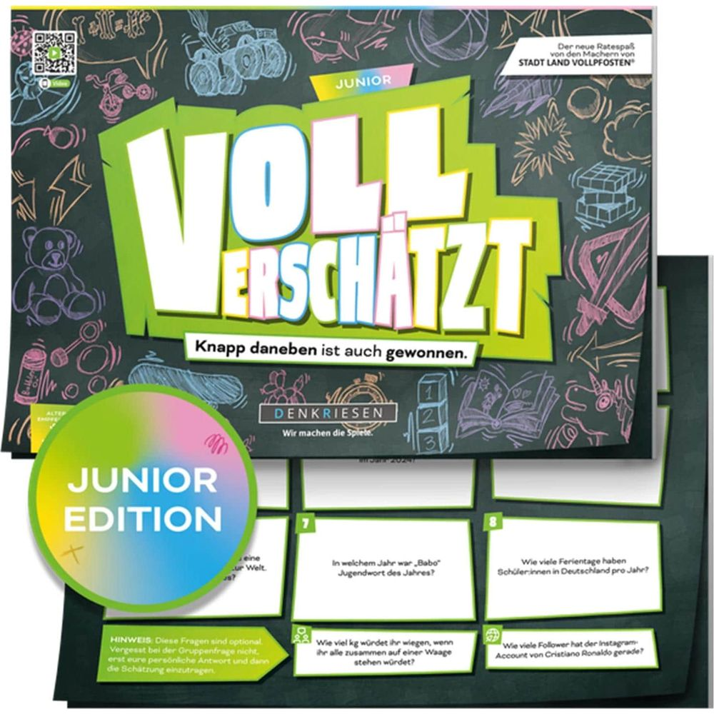 Un plateau de jeu avec 'VOLL ER SCHÄTZT JUNIOR EDITION' et des questions.