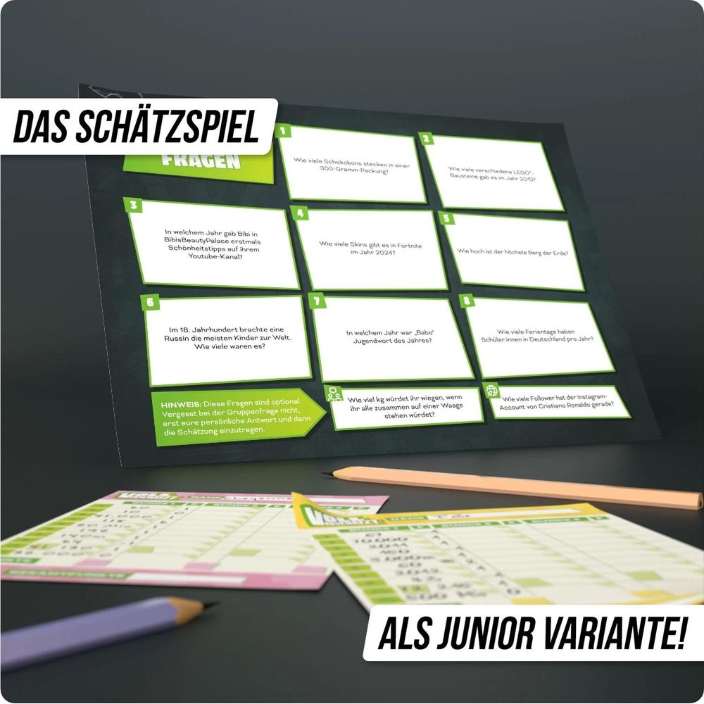 Plateau de jeu avec cases de questions et cartes de jeu, crayons devant.