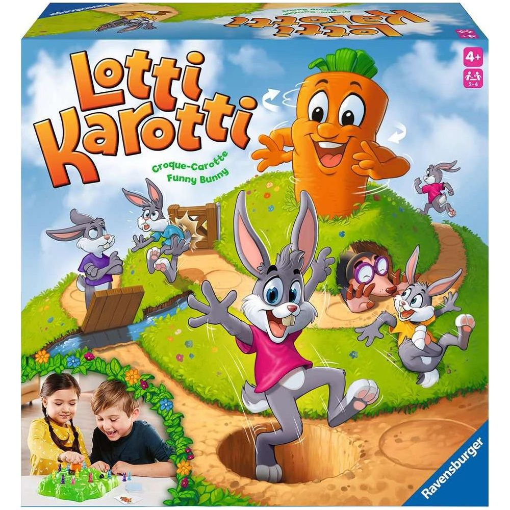 Scatola di gioco da tavolo con conigli, carota e bambini che giocano.