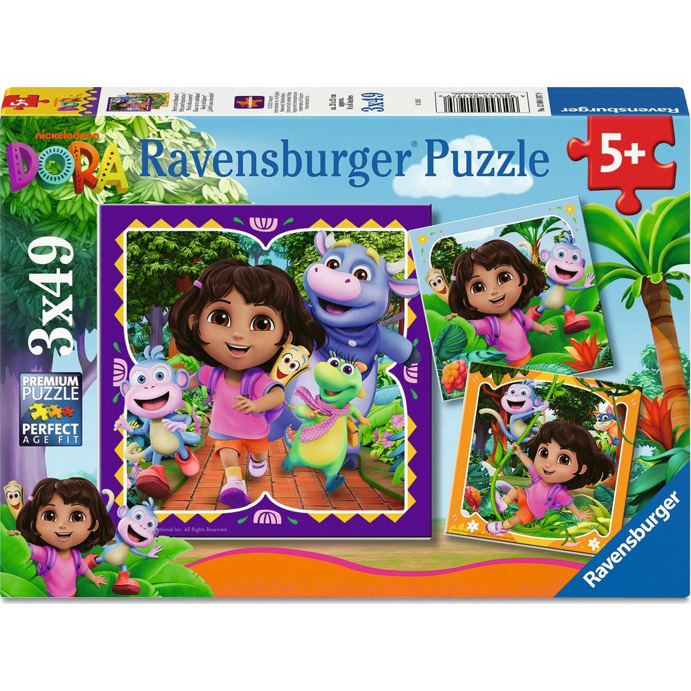 La scatola del puzzle Ravensburger Dora l'Esploratrice 3x49 mostra Dora, Boots e amici nella giungla.