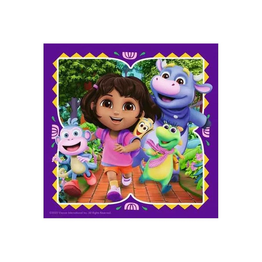 Dora e amici: scimmia, bambino, coccodrillo e mucca camminano su un sentiero.