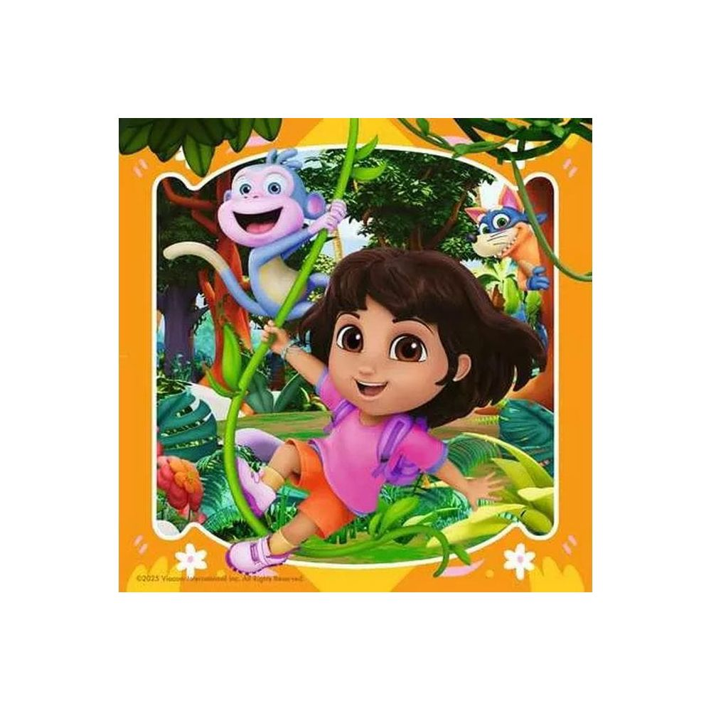 Dora si dondola su una liana con Boots e Swiper in una giungla.