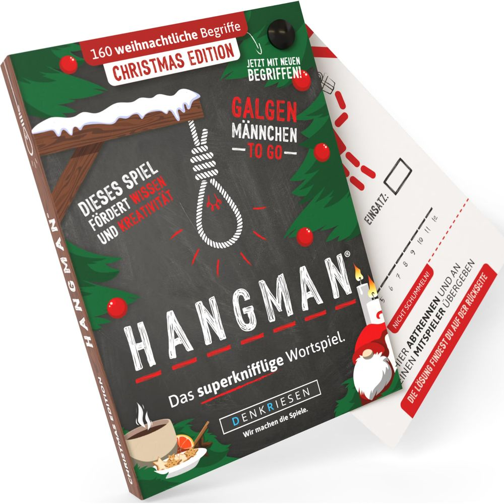 Weihnachts-Edition-Spiel "Galgenmännchen" mit festlichen Dekorationen und Anleitung.