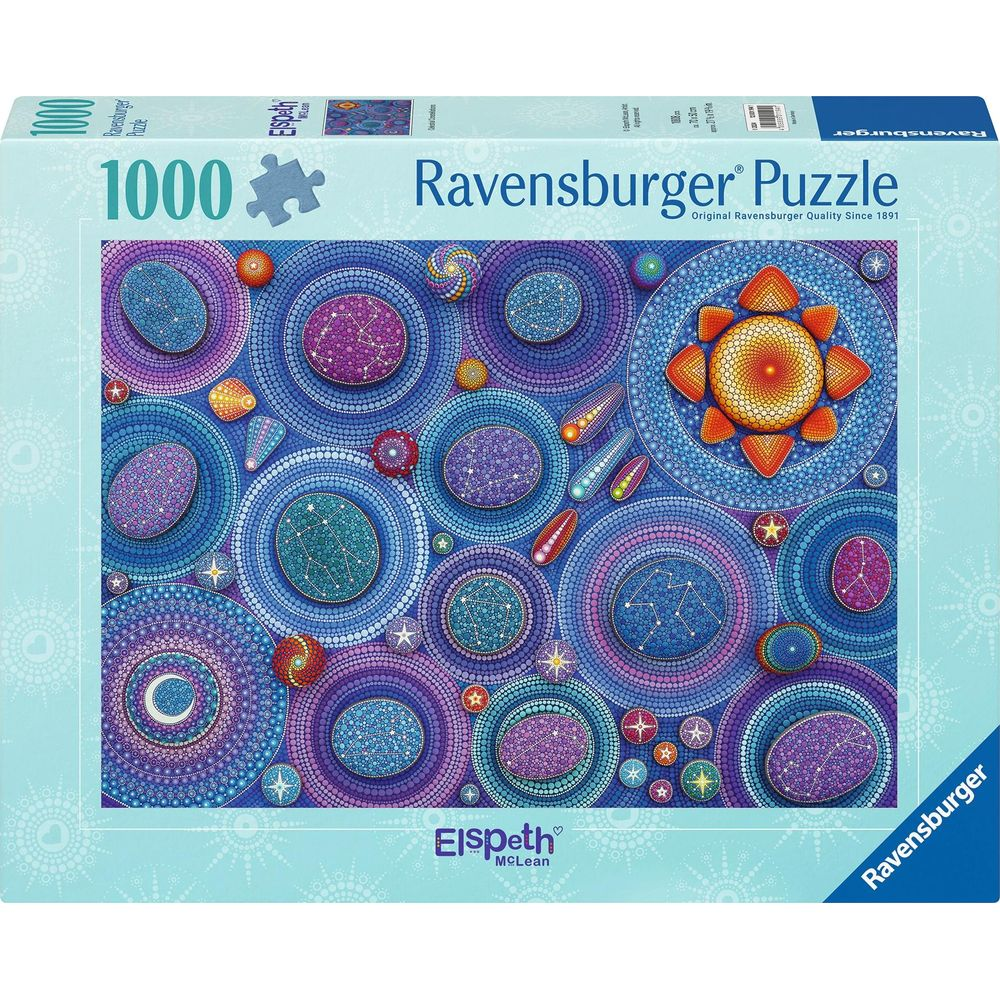 Scatola puzzle Ravensburger da 1000 pezzi con mandala colorati e costellazioni.