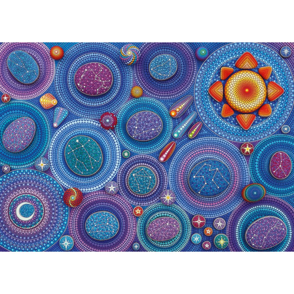 Mandala cosmico con costellazioni, sole, stelle e punti colorati su sfondo blu.