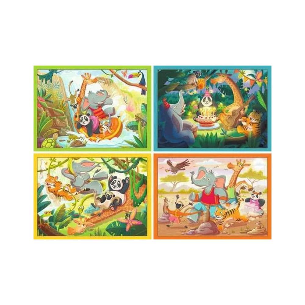 Quattro puzzle colorati con animali della giungla in varie scene.