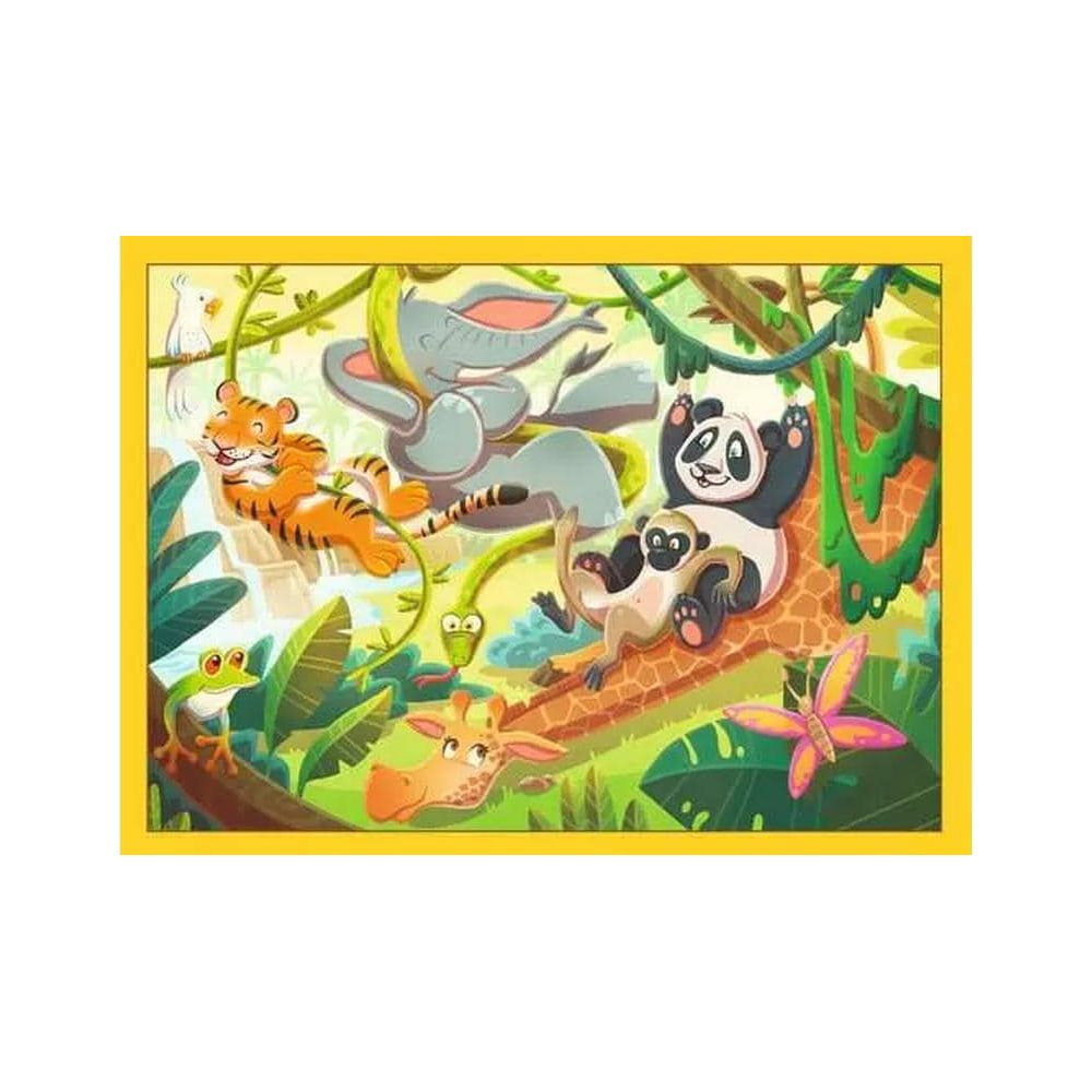 Scena giungla colorata con elefante, tigre, panda, scimmia, giraffa, rana, pappagallo, serpenti e farfalla.