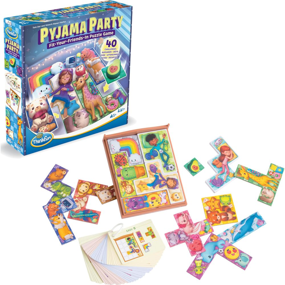 Pyjama Party Puzzle-Spielbox mit Spielbrett, Puzzleteilen und Aufgabenkarten.
