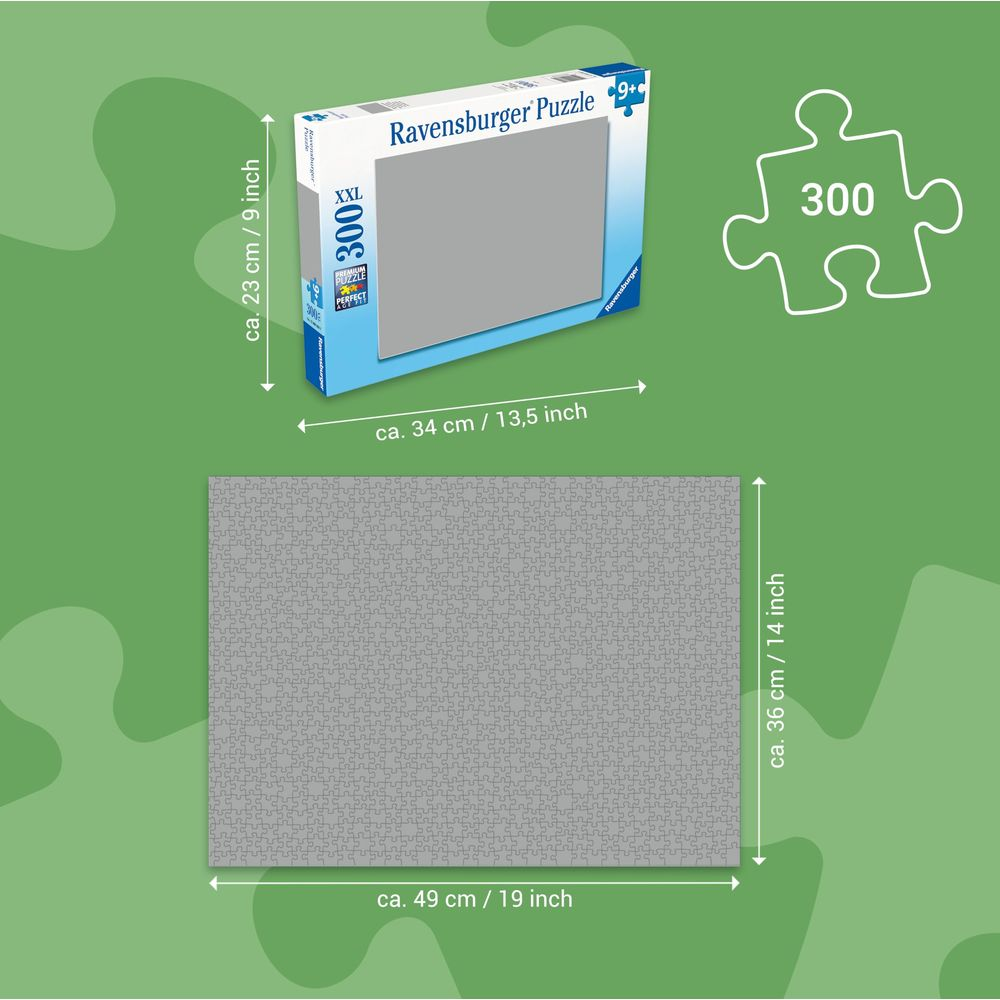Ravensburger 300-Teile-Puzzle: Verpackung und fertiges Puzzle. Maße angegeben.