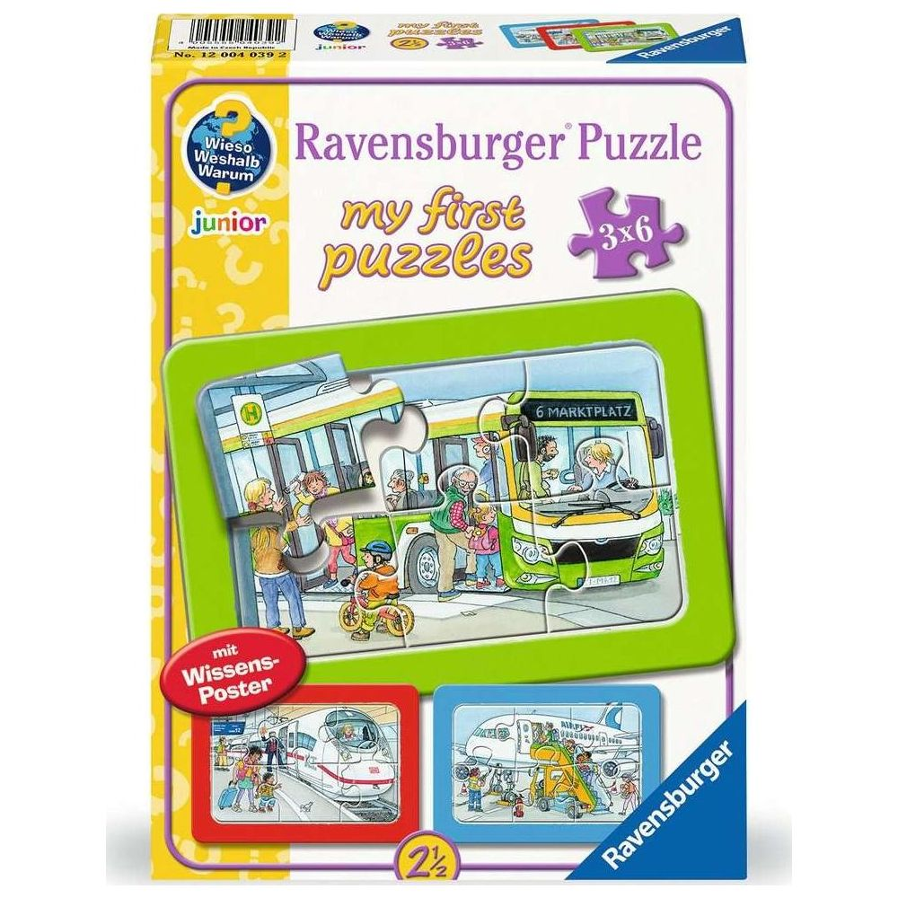 Puzzle Ravensburger: I miei primi puzzle mostra una scena con un autobus verde e persone.