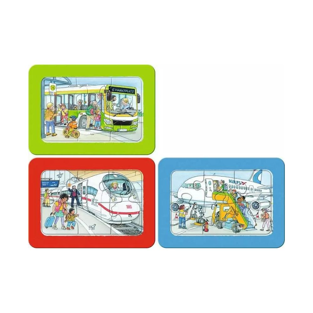 Illustrazioni di autobus, treno e aereo con persone.