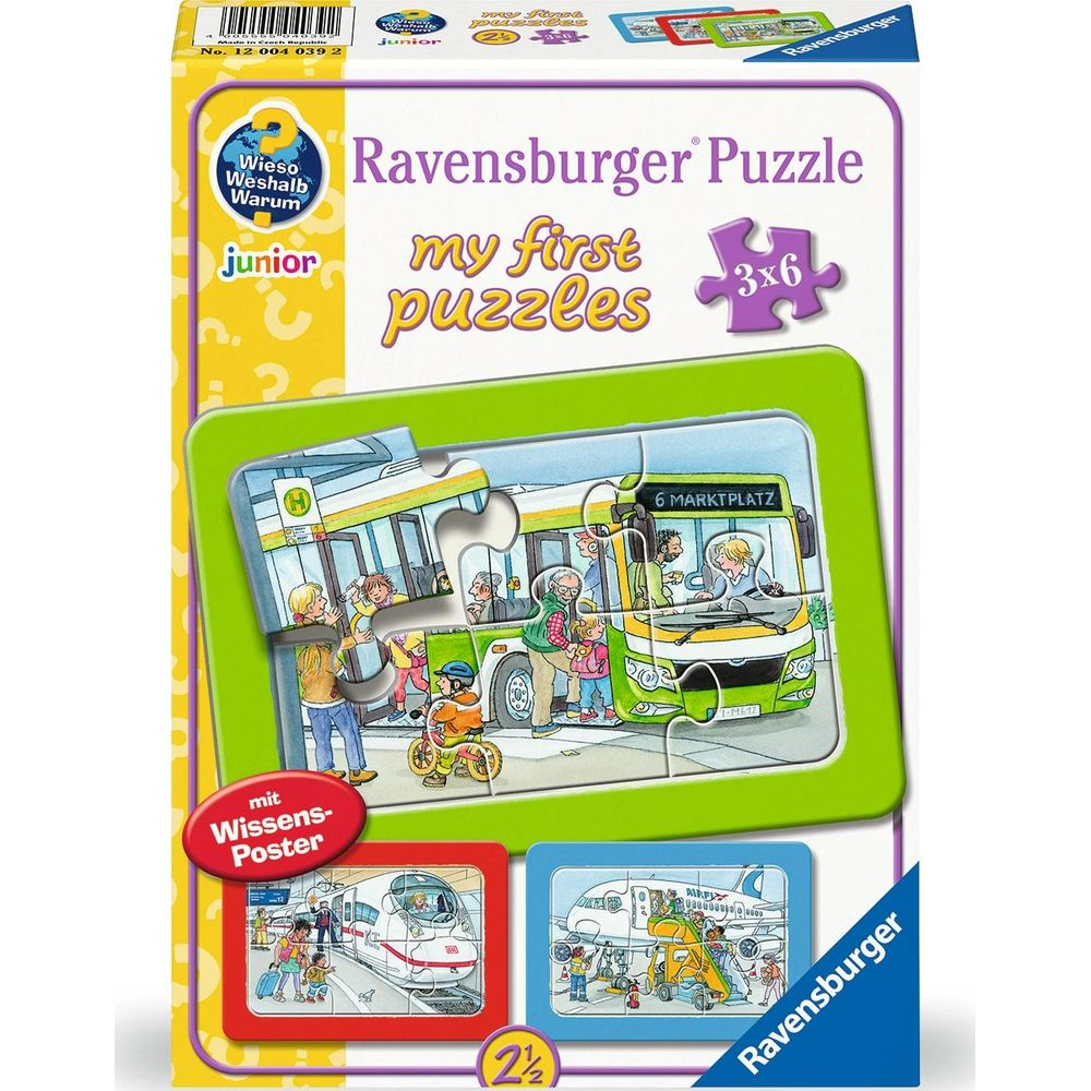 Puzzle Ravensburger con scene di autobus, treno e aereo.