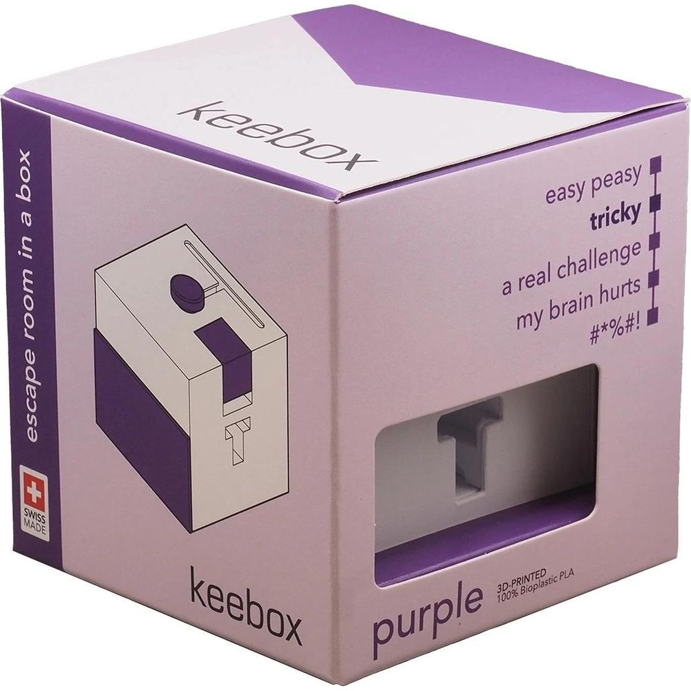 Una scatola viola Keebox con grafica e testo di un gioco puzzle.