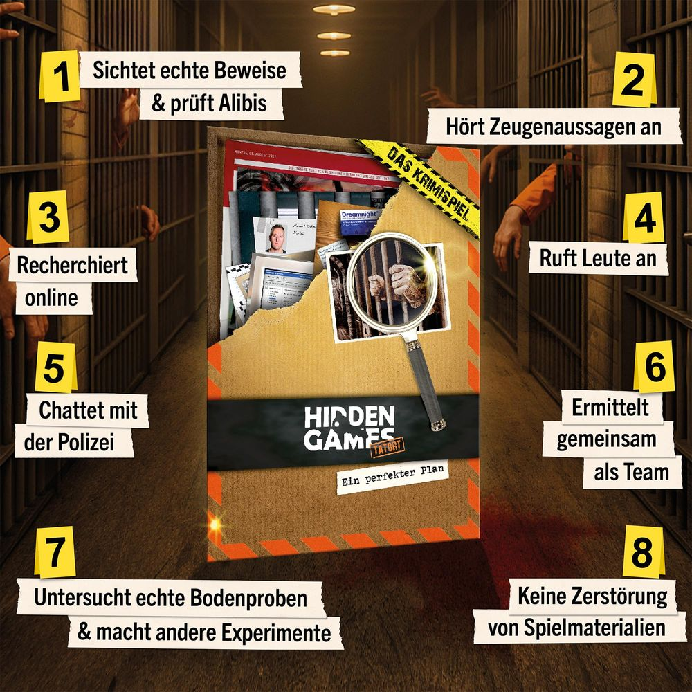 La copertina di 'Hidden Games Tatort' mostra una scena del crimine con indizi numerati.